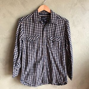 Checkered, blue and khaki flannel.